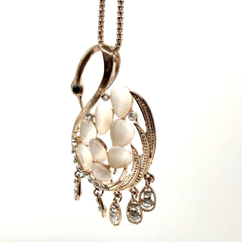 Gold Tone Cats Eye Rhinestone Swan Chandelier Pendant Necklace